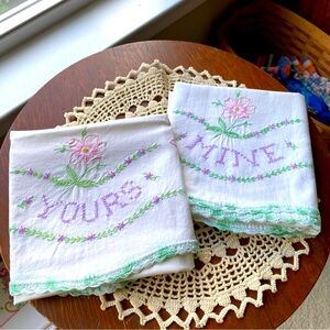 Vintage Embroidered Yours & Mine Pillowcase Set. Standard Size. EUC
